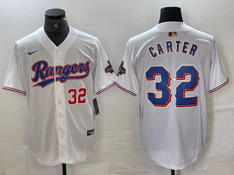 Mens Texas Rangers #32 Evan Carter Number White 2023 World Series Champions Cool Base Jersey